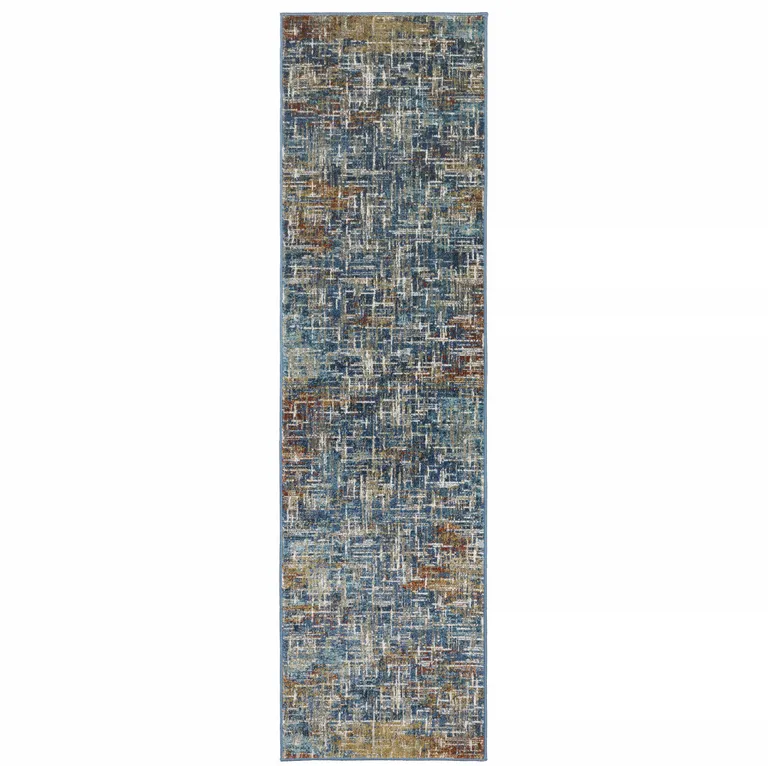 Blue Teal Gold Rust And Beige Abstract Power Loom Stain Resistant Runner Rug Photo 1