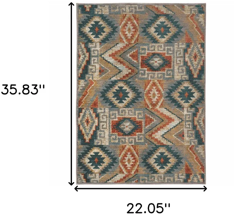 Blue Teal Grey Orange Gold Ivory And Rust Geometric Power Loom Stain Resistant Area Rug Photo 5