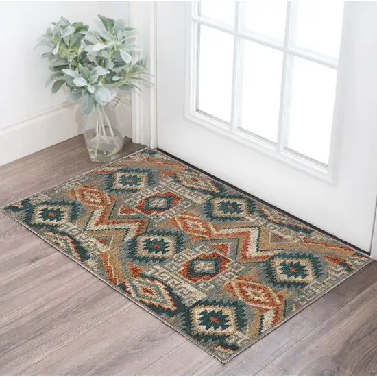 Blue Teal Grey Orange Gold Ivory And Rust Geometric Power Loom Stain Resistant Area Rug Photo 1