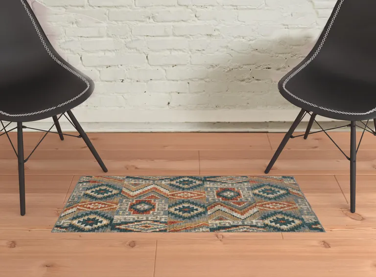 Blue Teal Grey Orange Gold Ivory And Rust Geometric Power Loom Stain Resistant Area Rug Photo 2