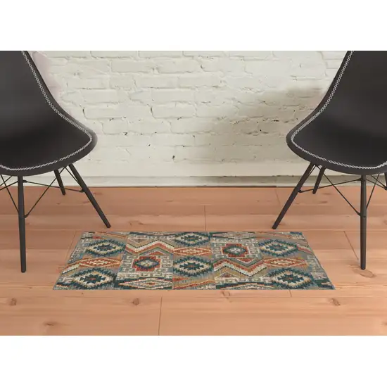 Blue Teal Grey Orange Gold Ivory And Rust Geometric Power Loom Stain Resistant Area Rug Photo 2