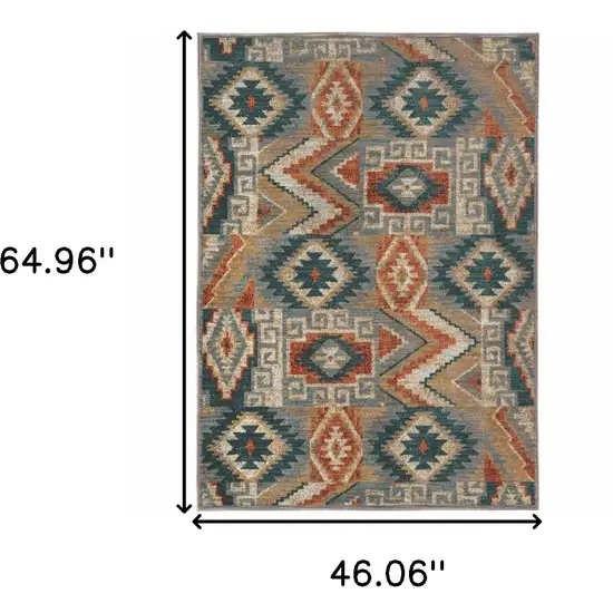 Blue Teal Grey Orange Gold Ivory And Rust Geometric Power Loom Stain Resistant Area Rug Photo 5