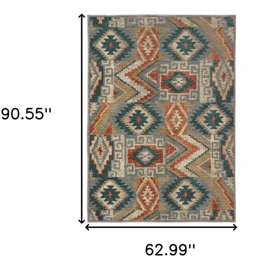 Blue Teal Grey Orange Gold Ivory And Rust Geometric Power Loom Stain Resistant Area Rug Photo 5