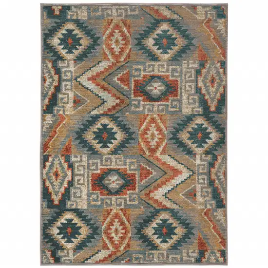 Blue Teal Grey Orange Gold Ivory And Rust Geometric Power Loom Stain Resistant Area Rug Photo 1