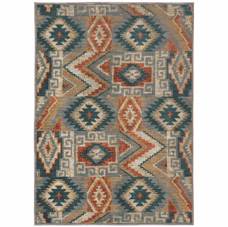 Blue Teal Grey Orange Gold Ivory And Rust Geometric Power Loom Stain Resistant Area Rug Photo 1