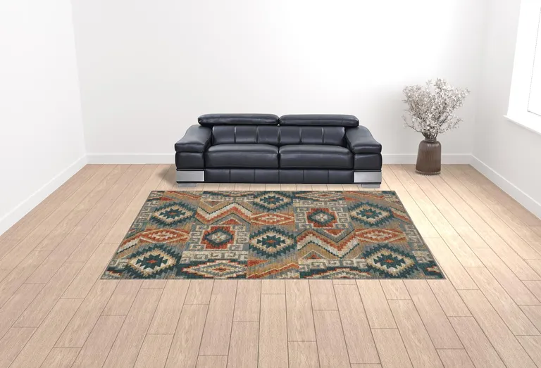 Blue Teal Grey Orange Gold Ivory And Rust Geometric Power Loom Stain Resistant Area Rug Photo 2