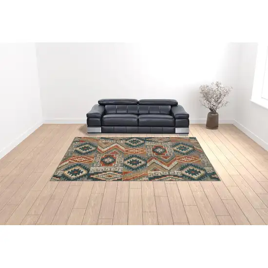 Blue Teal Grey Orange Gold Ivory And Rust Geometric Power Loom Stain Resistant Area Rug Photo 2