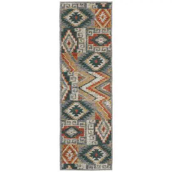 Blue Teal Grey Orange Gold Ivory And Rust Geometric Power Loom Stain Resistant Runner Rug Photo 1