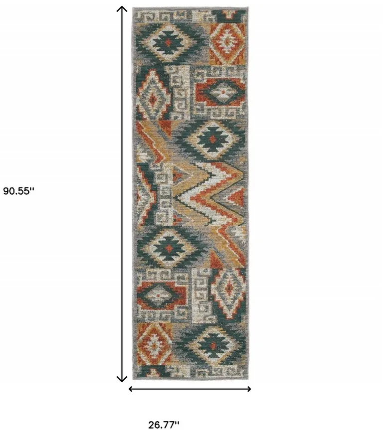 Blue Teal Grey Orange Gold Ivory And Rust Geometric Power Loom Stain Resistant Runner Rug Photo 5