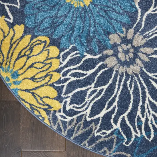 4' Blue And Gold Floral Round Rug Photo 6