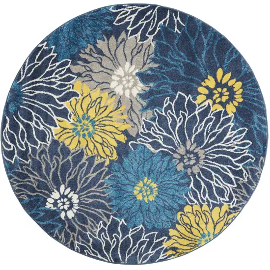 4' Blue And Gold Floral Round Rug Photo 2