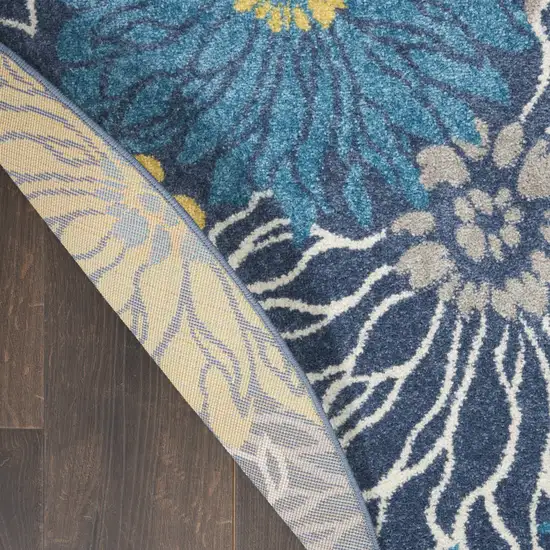 4' Blue And Gold Floral Round Rug Photo 4