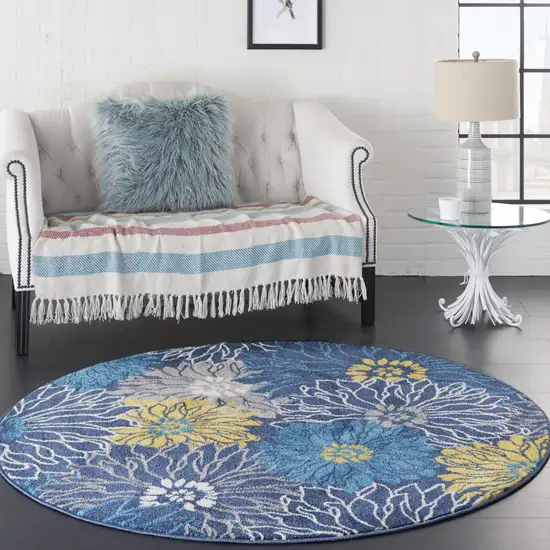 4' Blue And Gold Floral Round Rug Photo 8