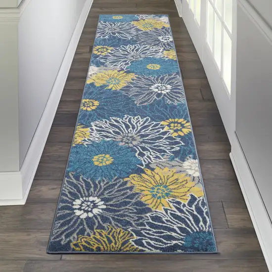 10' Blue Floral Power Loom Runner Rug Photo 5