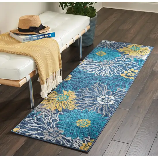 6' Blue And Gold Floral Runner Rug Photo 8