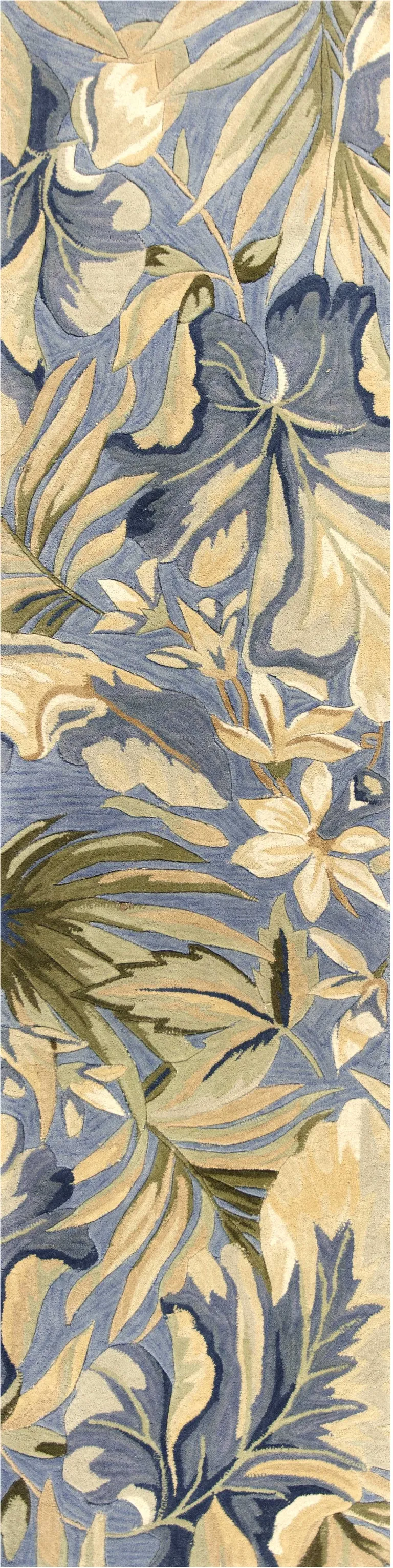 Blue Tropical Leaves Wool Indoor Runner Rug Photo 4