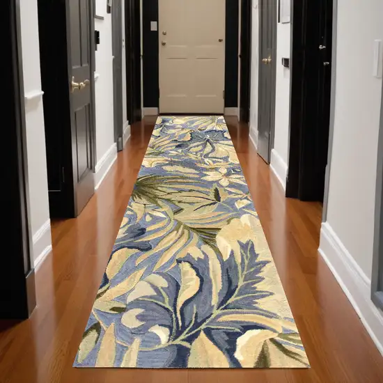 2' X 10' Blue Tropical Leaves Wool Indoor Runner Rug Photo 1