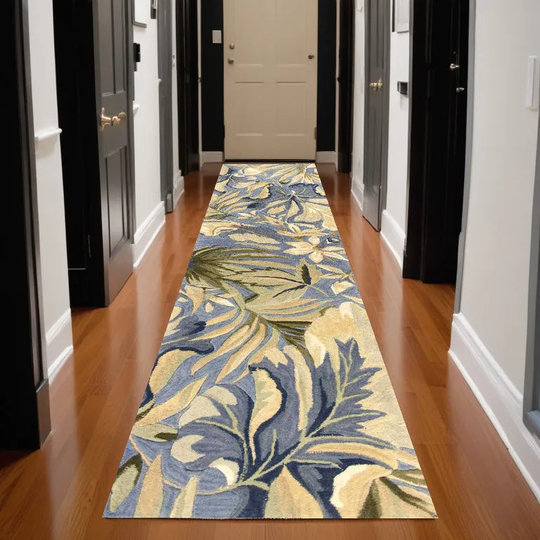 Blue Tropical Leaves Wool Indoor Runner Rug Photo 3