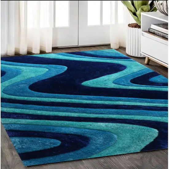 Blue Wavy Shag Hand Tufted Area Rug Photo 1