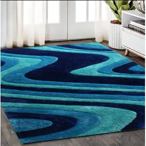 Photo of Blue Wavy Shag Hand Tufted Area Rug