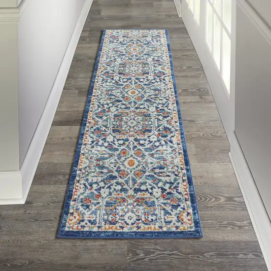 8' Blue And Ivory Floral Power Loom Runner Rug Photo 7