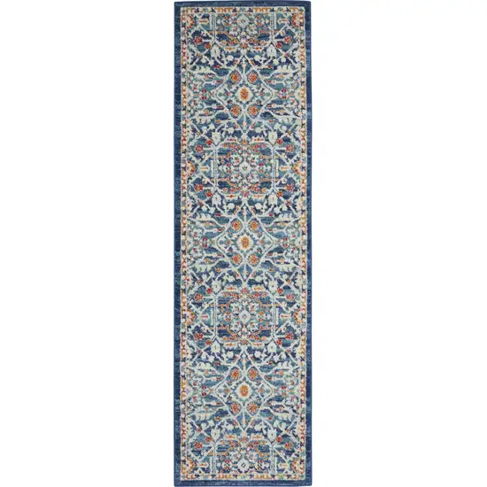 8' Blue And Ivory Floral Power Loom Runner Rug Photo 8