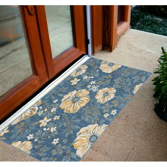 Blue White and Yellow Floral Stain Resistant Indoor Outdoor Area Rug Photo 1