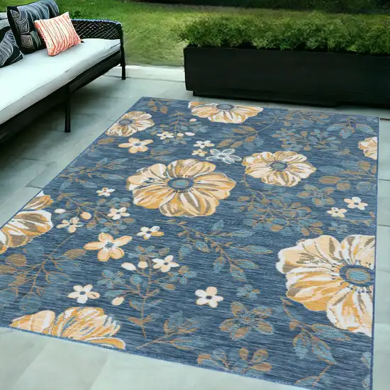 Blue White and Yellow Floral Stain Resistant Indoor Outdoor Area Rug Photo 1