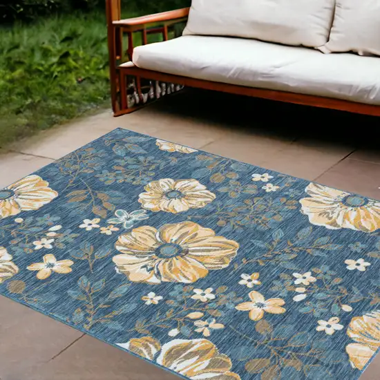 Blue White and Yellow Floral Stain Resistant Indoor Outdoor Area Rug Photo 1