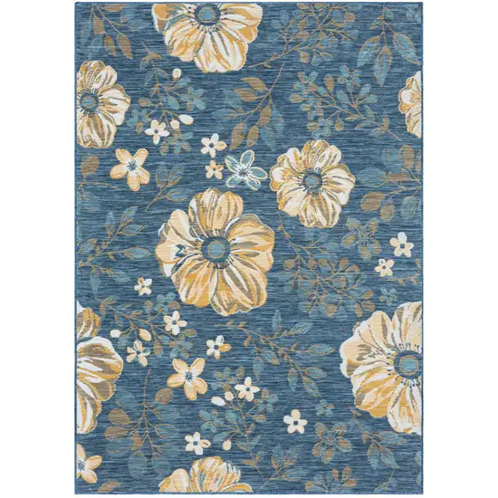 Blue White and Yellow Floral Stain Resistant Indoor Outdoor Area Rug Photo 2