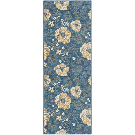 Blue White and Yellow Floral Stain Resistant Indoor Outdoor Runner Rug Photo 2