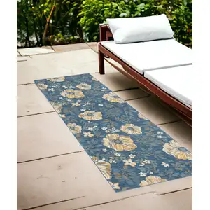 Photo of Blue White and Yellow Floral Stain Resistant Indoor Outdoor Runner Rug