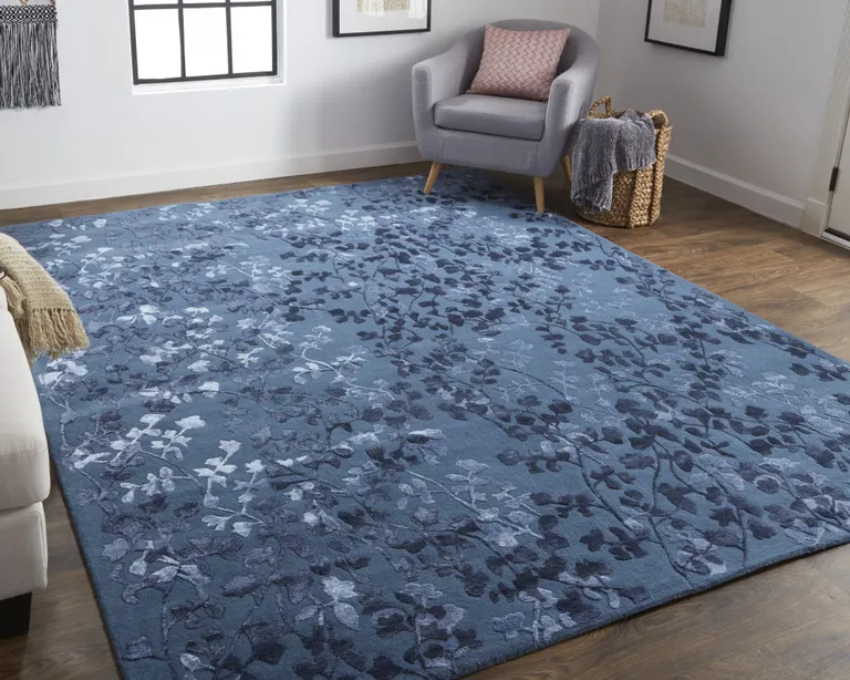 Blue Wool Floral Tufted Handmade Area Rug Photo 5