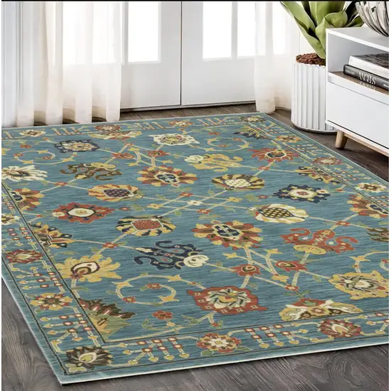 Blue Yellow And Ivory Oriental Area Rug With Fringe Photo 1