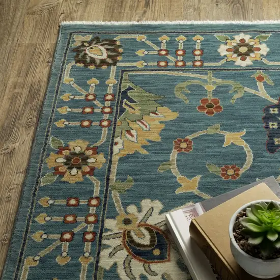 Blue Yellow And Ivory Oriental Area Rug With Fringe Photo 6