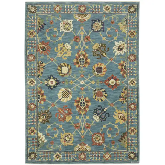 Blue Yellow And Ivory Oriental Area Rug With Fringe Photo 9