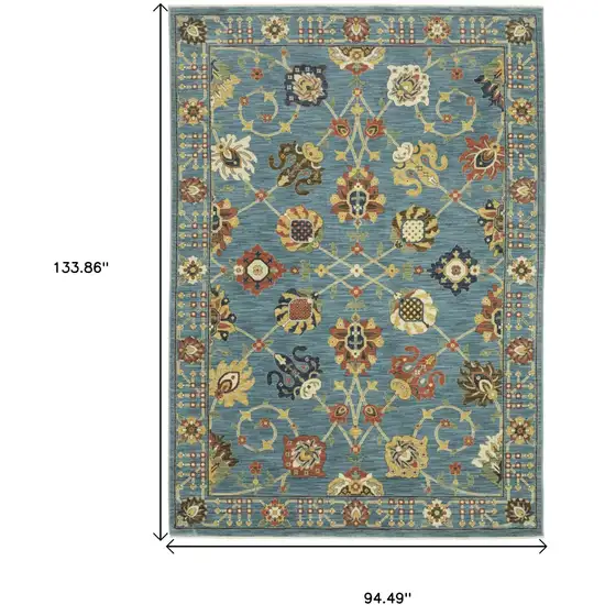 Blue Yellow And Ivory Oriental Area Rug With Fringe Photo 3