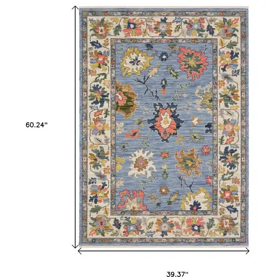 Blue Yellow And Ivory Oriental Area Rug With Fringe Photo 3