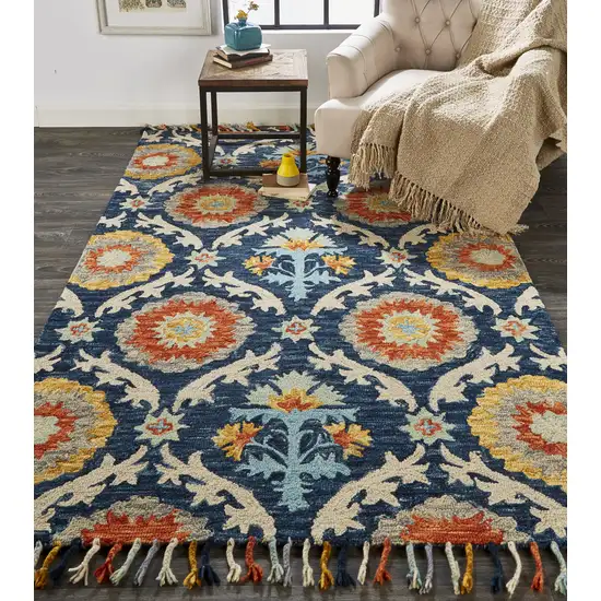 Blue Yellow And Orange Wool Paisley Tufted Handmade Area Rug With Fringe Photo 9