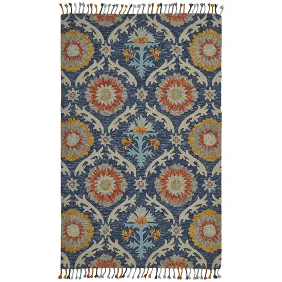 Blue Yellow And Orange Wool Paisley Tufted Handmade Area Rug With Fringe Photo 1