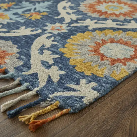 Blue Yellow And Orange Wool Paisley Tufted Handmade Area Rug With Fringe Photo 4