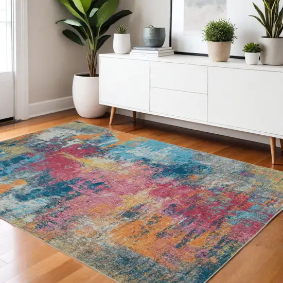 Blue Yellow And Red Abstract Distressed Area Rug Photo 1