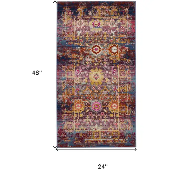 Blue Yellow And Red Floral Distressed Area Rug Photo 3