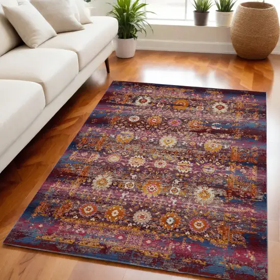 Blue Yellow And Red Floral Distressed Non Skid Area Rug Photo 1