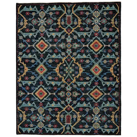 Blue Yellow And Red Wool Floral Hand Knotted Distressed Stain Resistant Area Rug With Fringe Photo 1