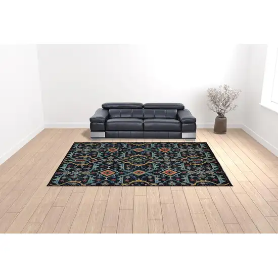 Blue Yellow And Red Wool Floral Hand Knotted Distressed Stain Resistant Area Rug With Fringe Photo 2