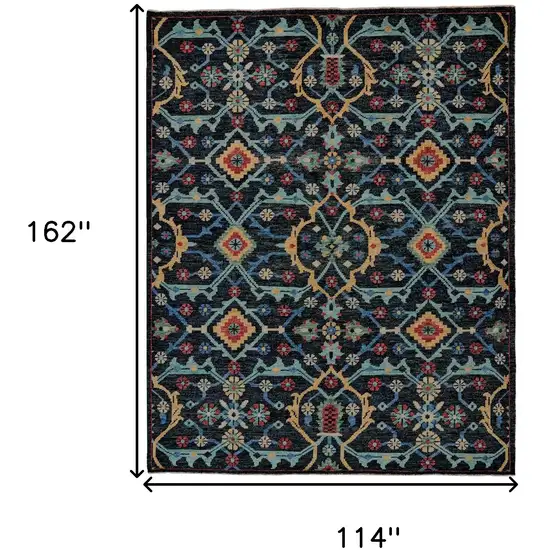 Blue Yellow And Red Wool Floral Hand Knotted Distressed Stain Resistant Area Rug With Fringe Photo 6