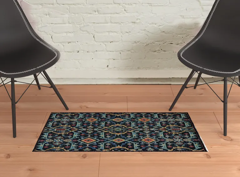 Blue Yellow And Red Wool Floral Hand Knotted Distressed Stain Resistant Area Rug With Fringe Photo 2