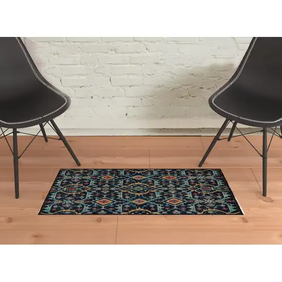 Blue Yellow And Red Wool Floral Hand Knotted Distressed Stain Resistant Area Rug With Fringe Photo 2