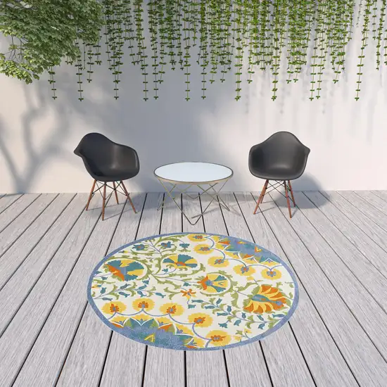 Blue Yellow And White Round Toile Non Skid Indoor Outdoor Area Rug Photo 2